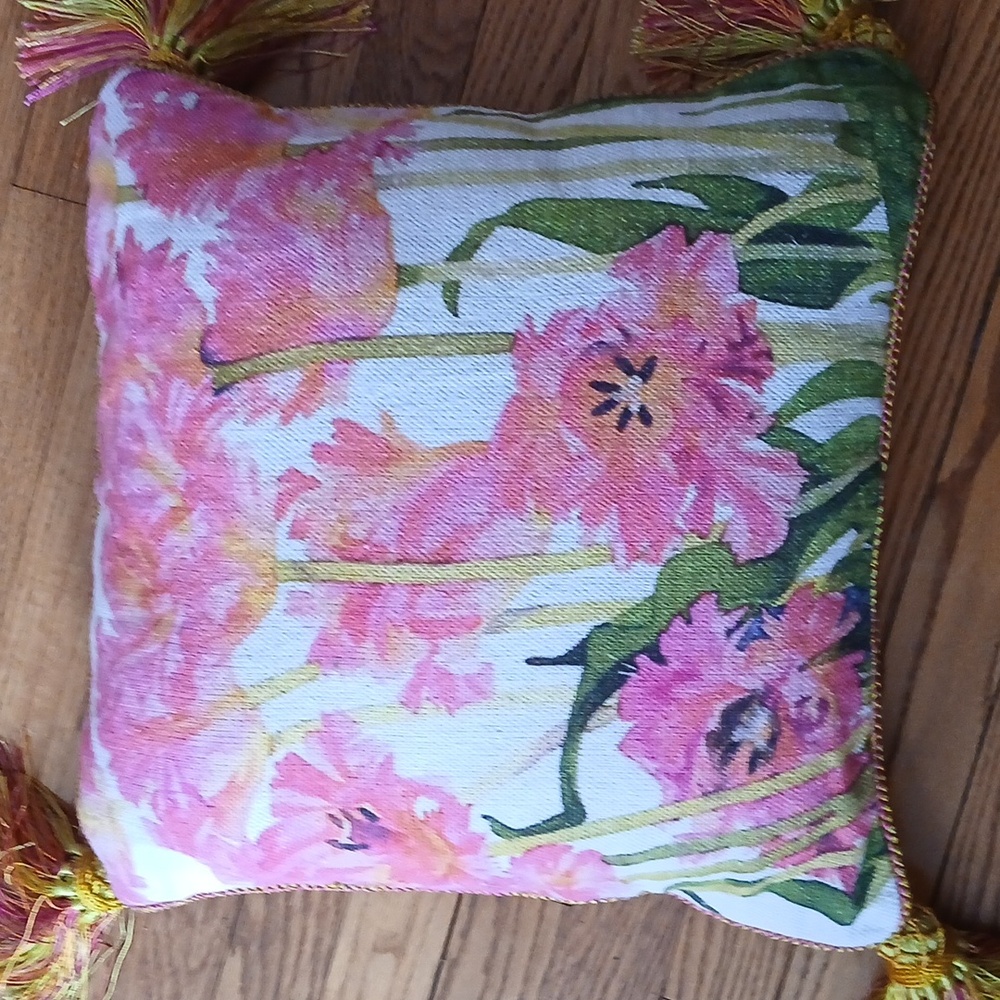 Mackenzie-Childs Parrot Tulip Check Tassled Pillow ■ Retired Vintage Design - Picture 3 of 9